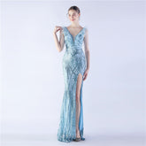 Heavy Industry Ostrich Feather plus Beaded Long Sequined Evening Dress